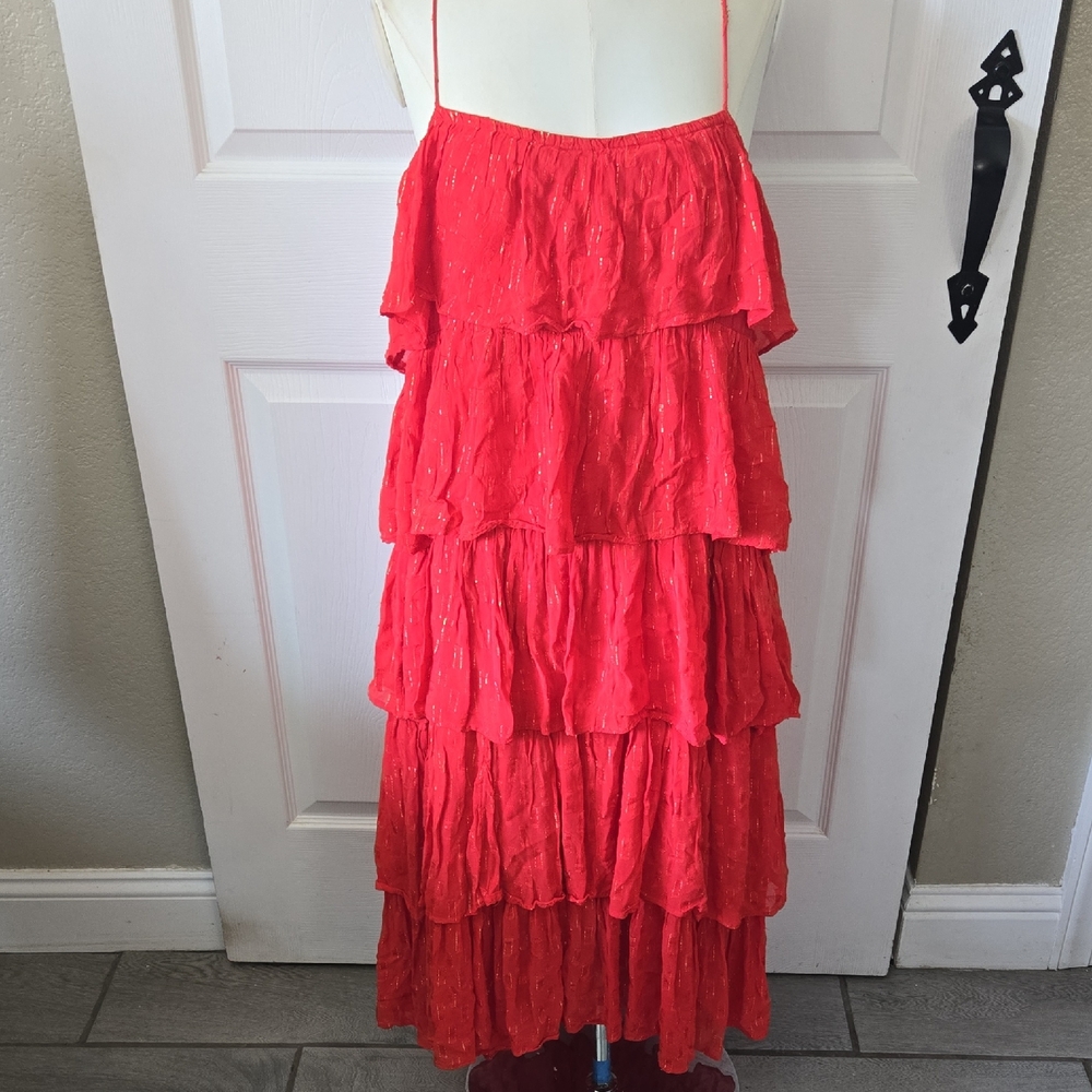 Anthropologie Red Gold Metallic Tiered Ruffle Midi Dress Small Boho Spaghetti
